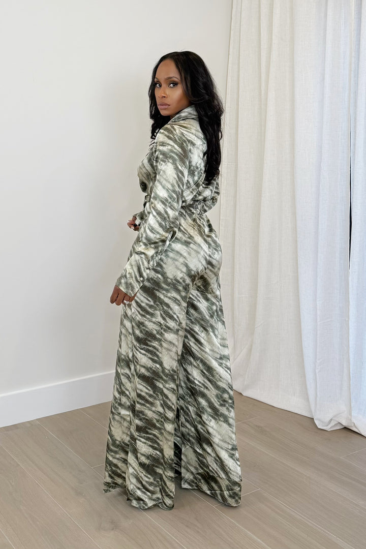 Abstract Plunge Belted Jumpsuit(Olive)