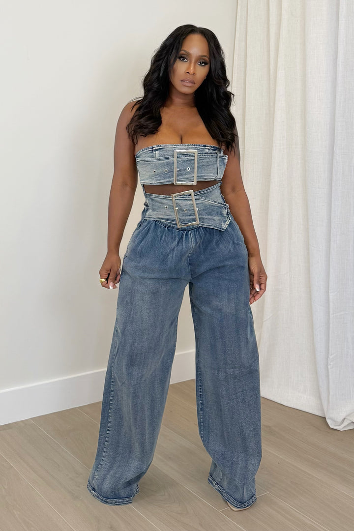 Double Dare Buckle Jumpsuit (Denim)
