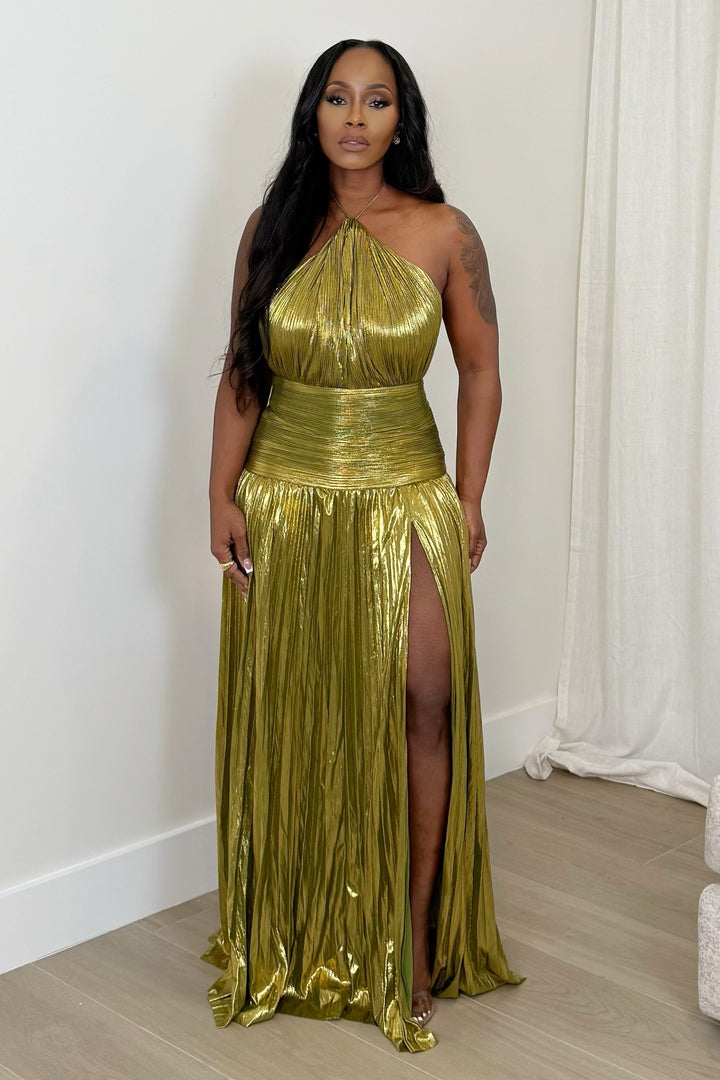 Come Through Halter Pleated Maxi (Chartreuse)