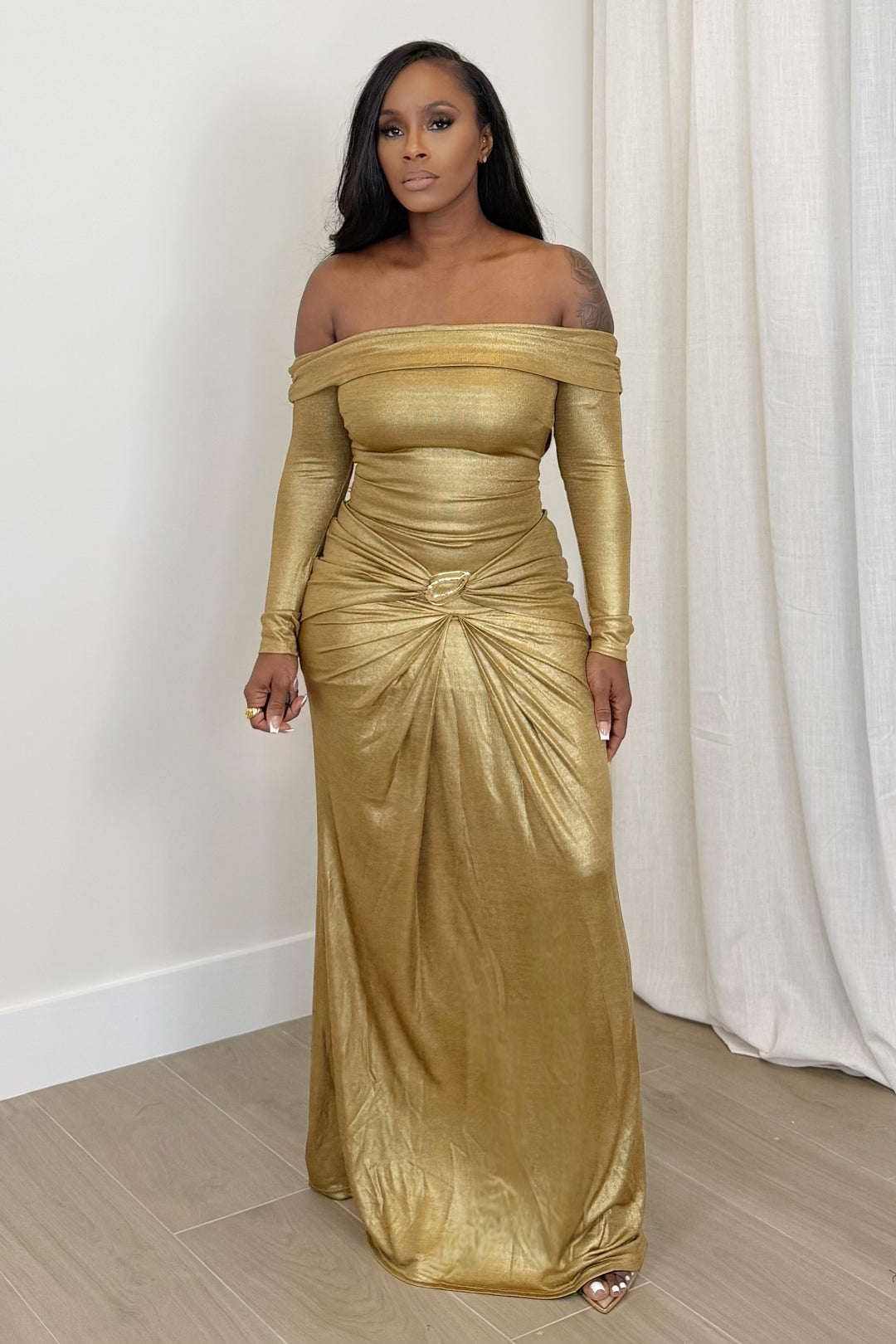 Luxe Radiance Ruched Maxi (Gold)