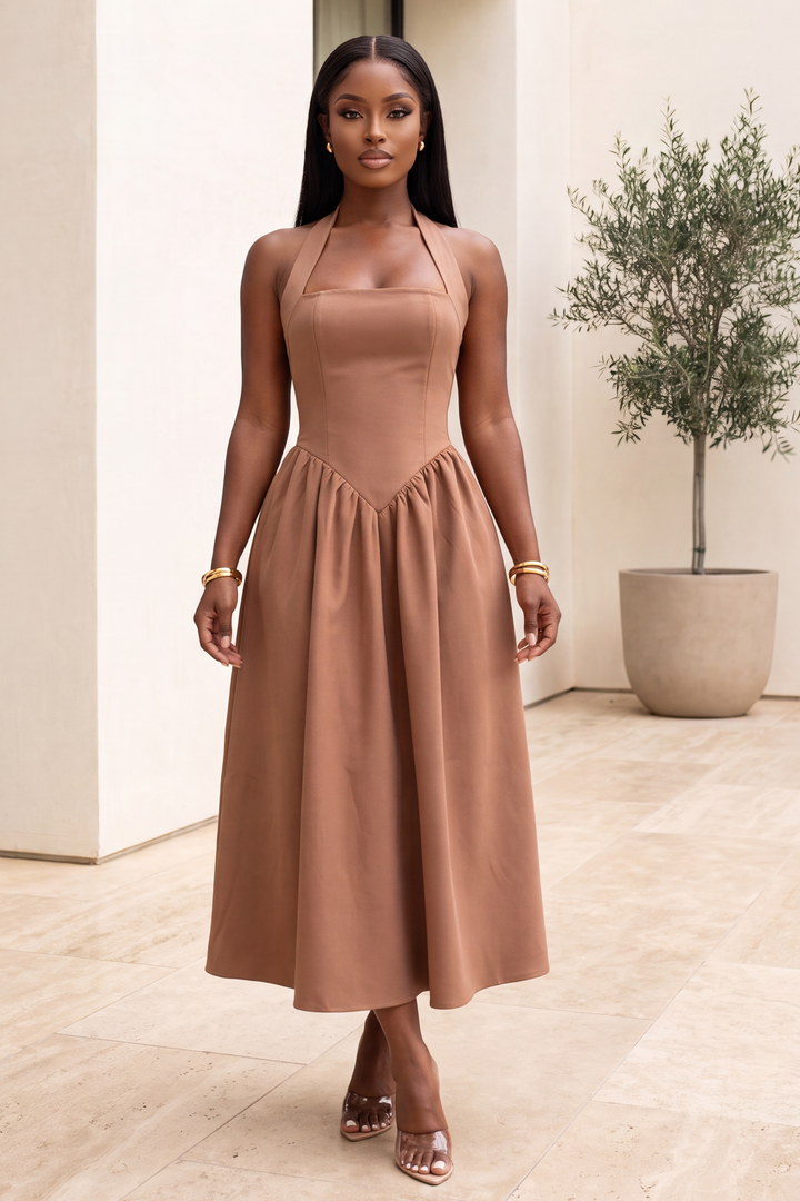 Florence Basque Halter Midi Dress[Chestnut]