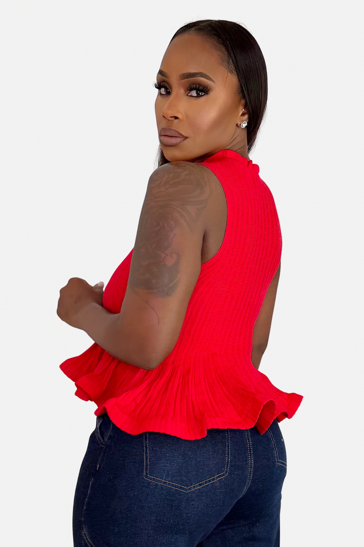 The Scarlet Ribbed Peplum Knit Top [Red]