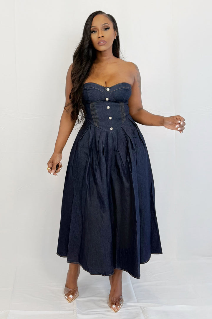 Midnight Muse Tube Midi Dress (Denim)