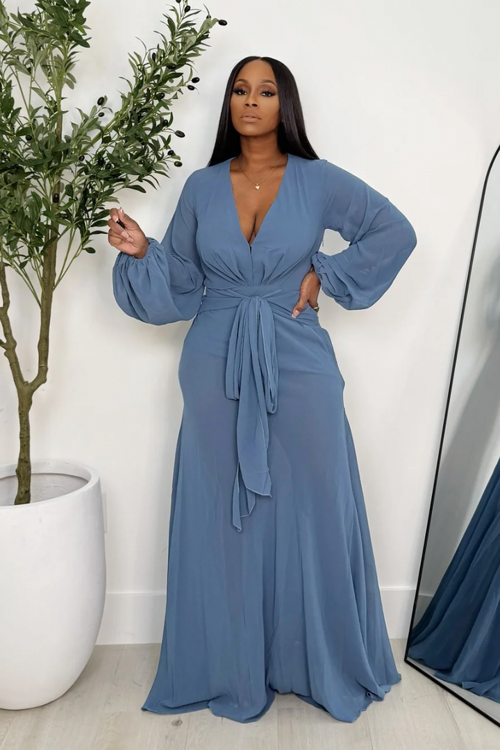 Make An Impression Tie Front Maxi Dress (Steel Blue)