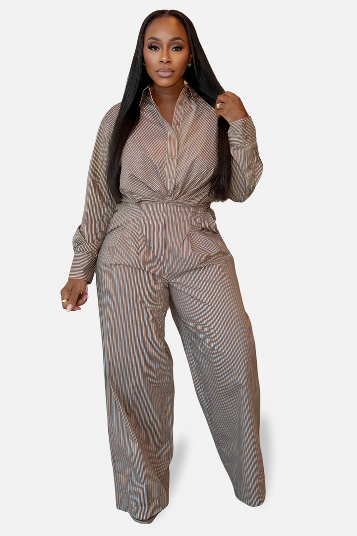 The Madison Pinstripe Twist Two Piece Set [Brown/Cream]