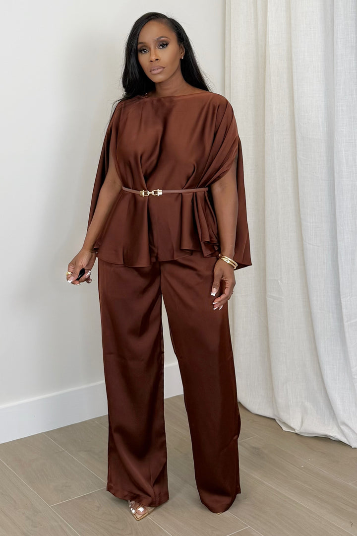Satin Essence Pant & Cape Set (Brown)