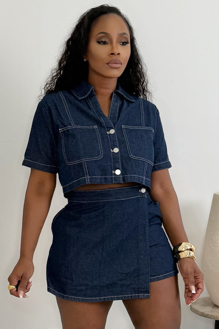 Denim Skort & Crop Top Set (Dark Denim)