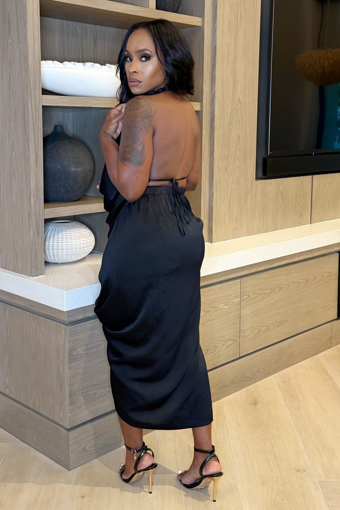Beaded drape wrap dress (Black)