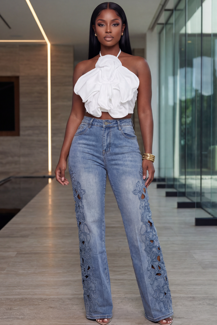 Bloom Detail Denim Jeans [Light Wash]