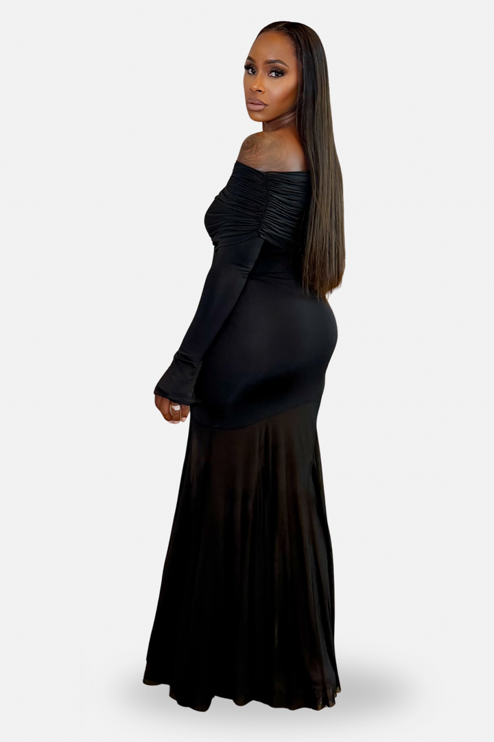 The Midnight Allure Off The Shoulder Maxi Dress [Black]