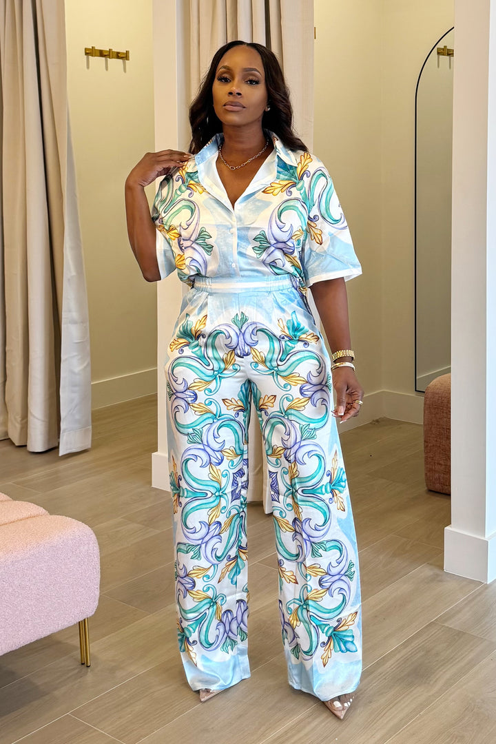 Paisley Printed Pant & Shirt Set (Blue Multi)