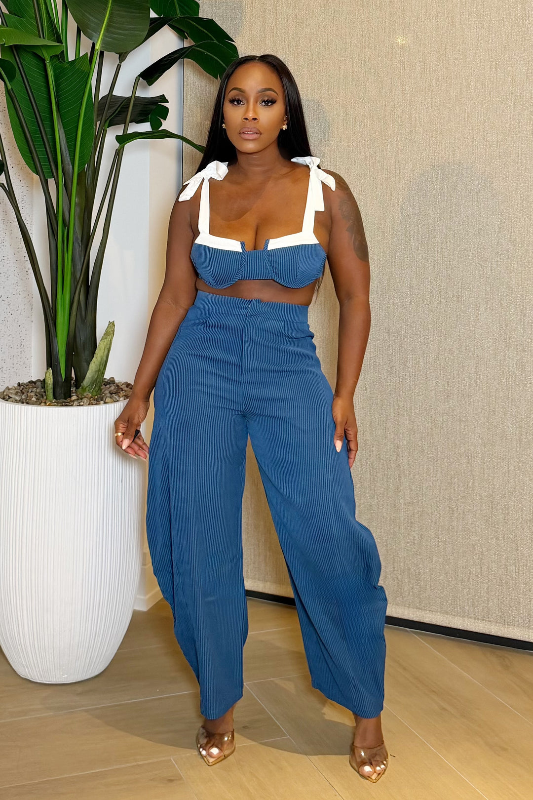 The Barrel Tie Strap Bustier Pants Set [Medium Wash]