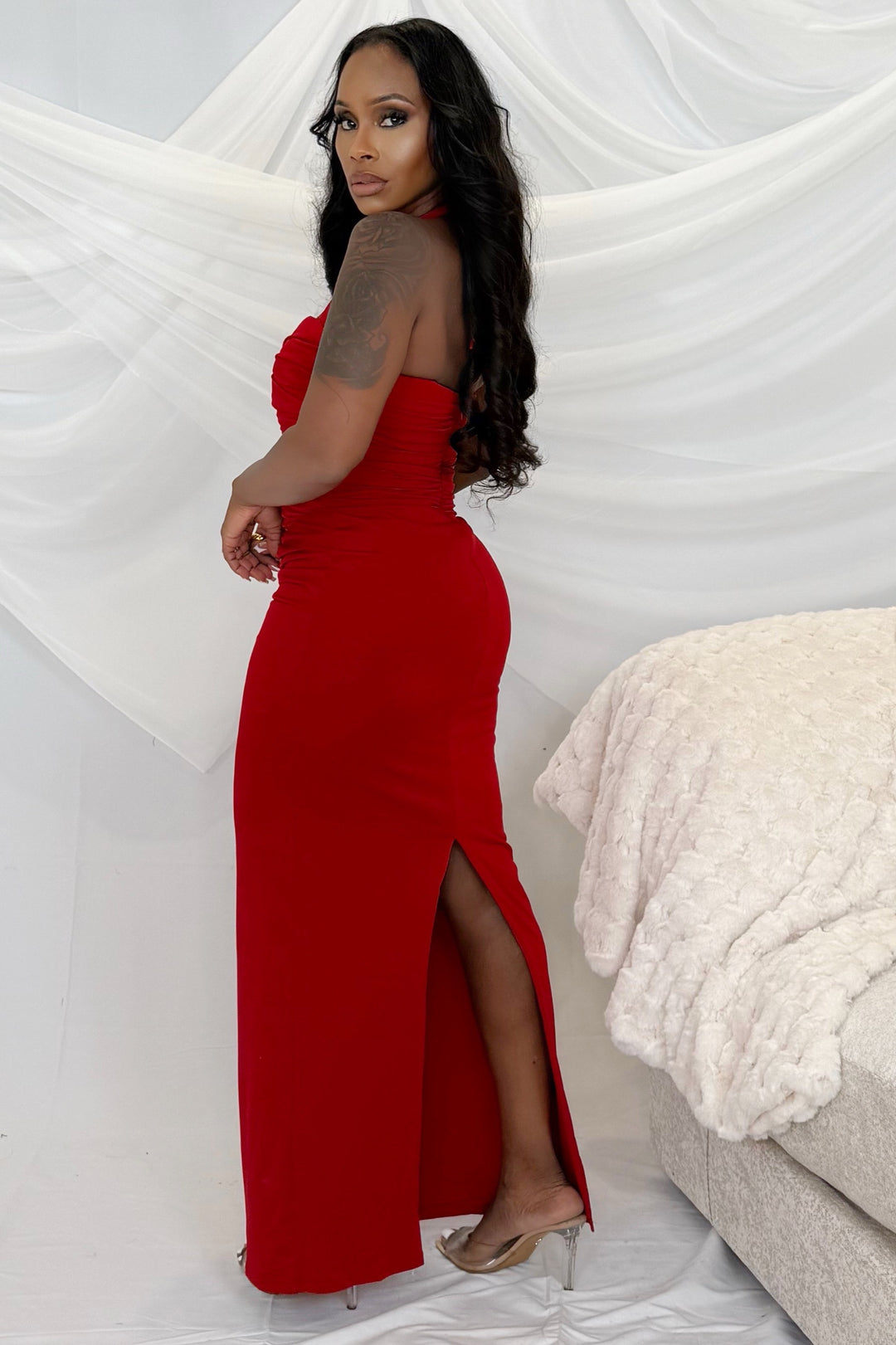 RUCHED JERSEY CORSET DRESS (Red)