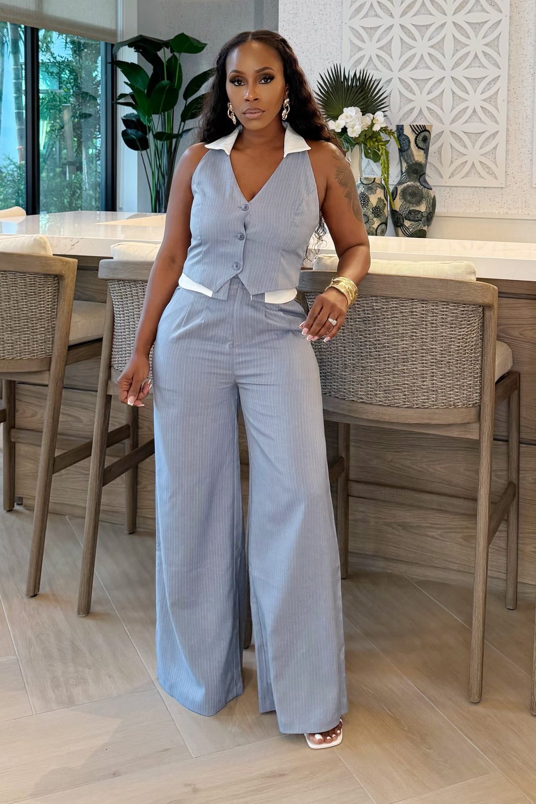 Boss Babe Pin Stripe pant set (Light blue)