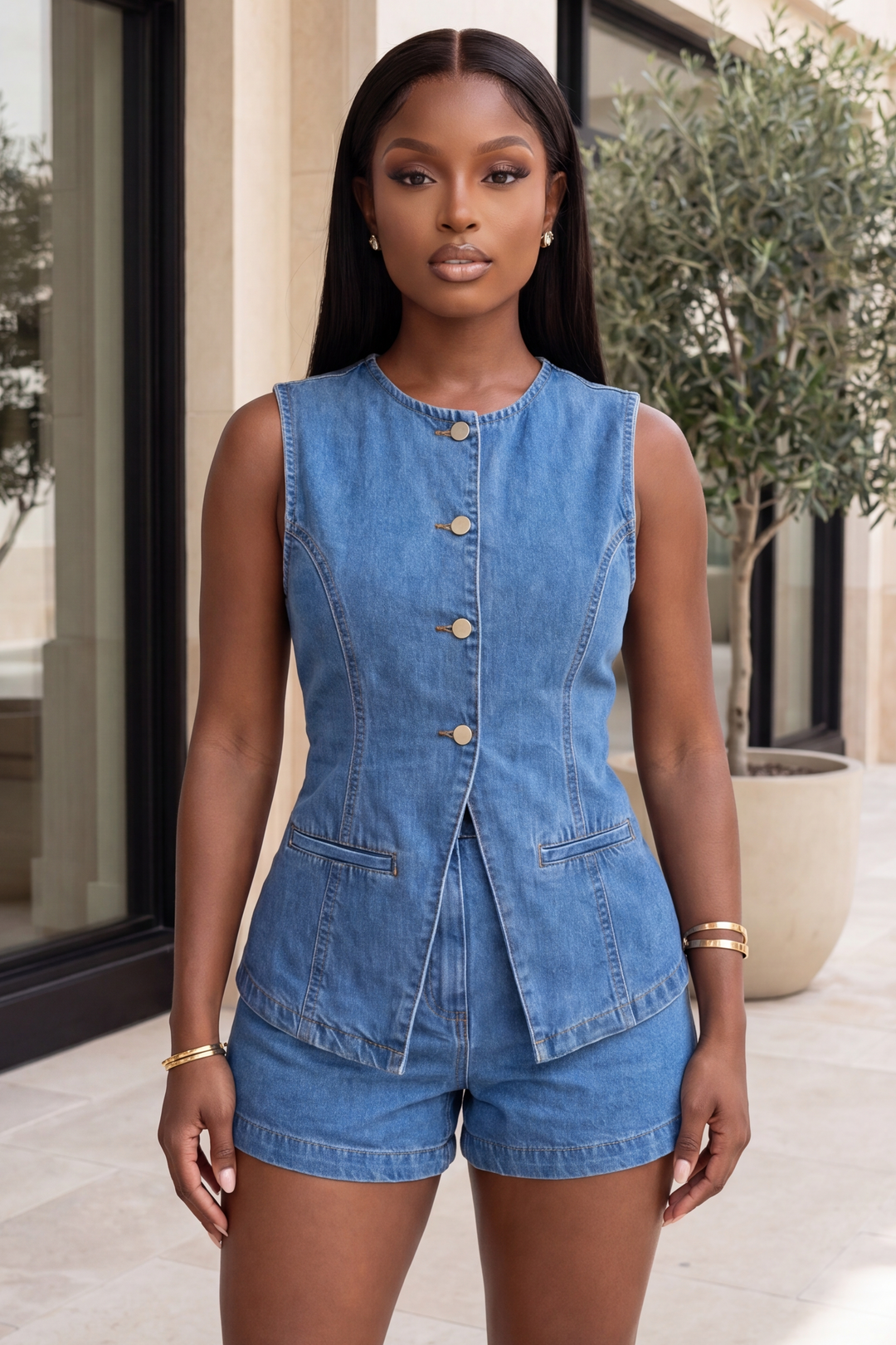 The Denim Dream Vest &amp; Short Set [Medium Wash]
