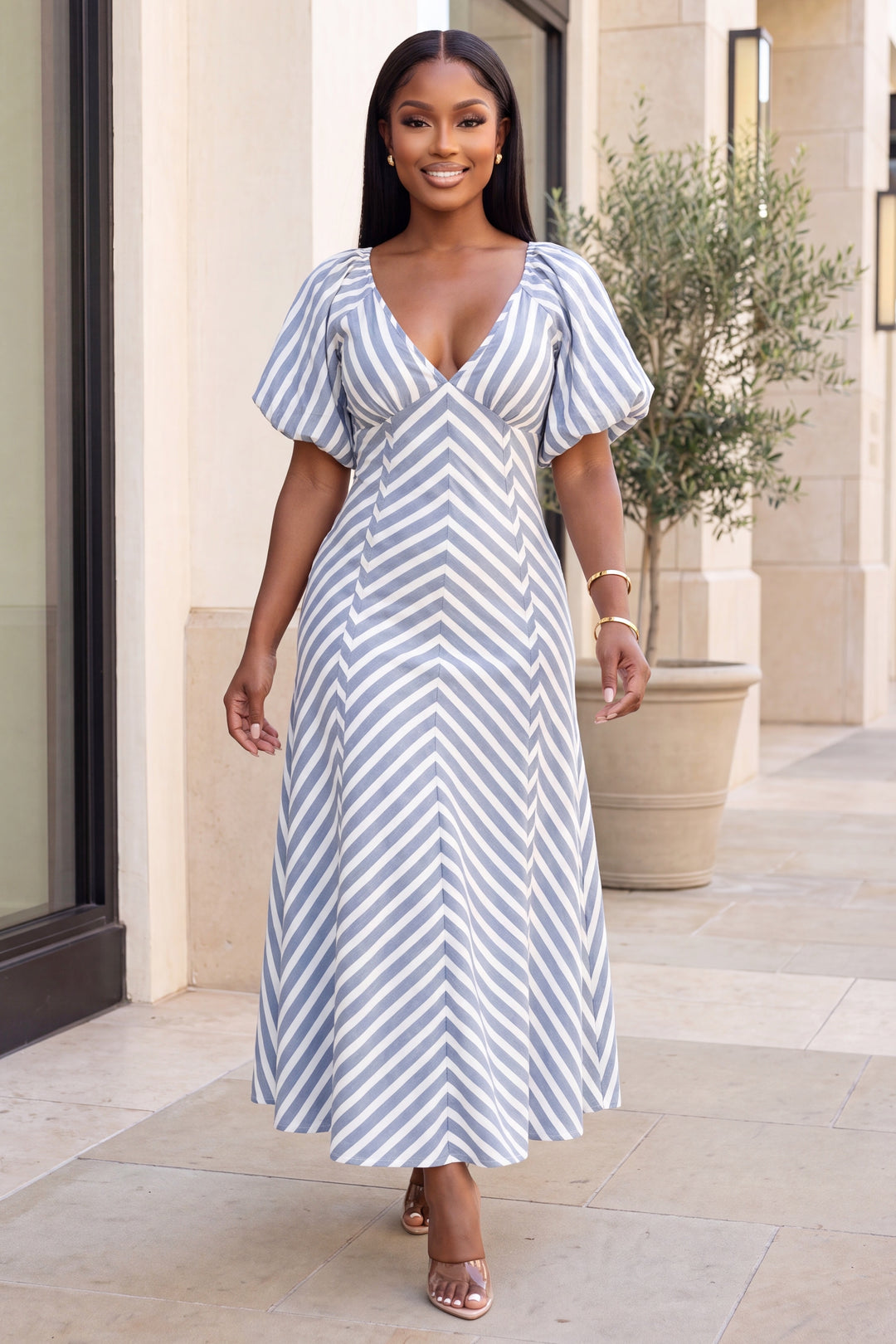 Genevieve Chevron Stripe Midi Dress[Blue/White]