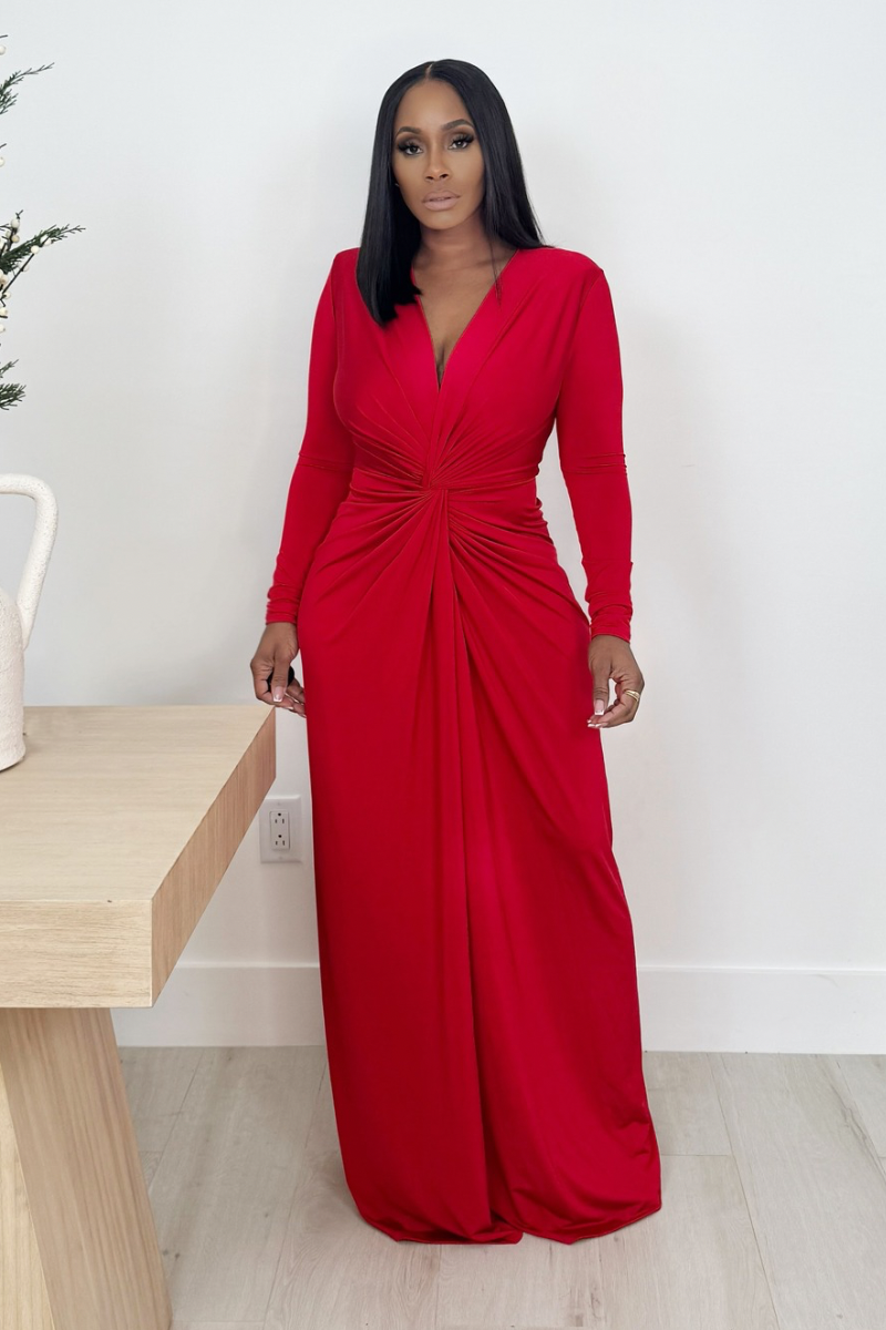 Miss Elegant Deep Plunge Maxi Dress (Red) – Polkadotz Boutique