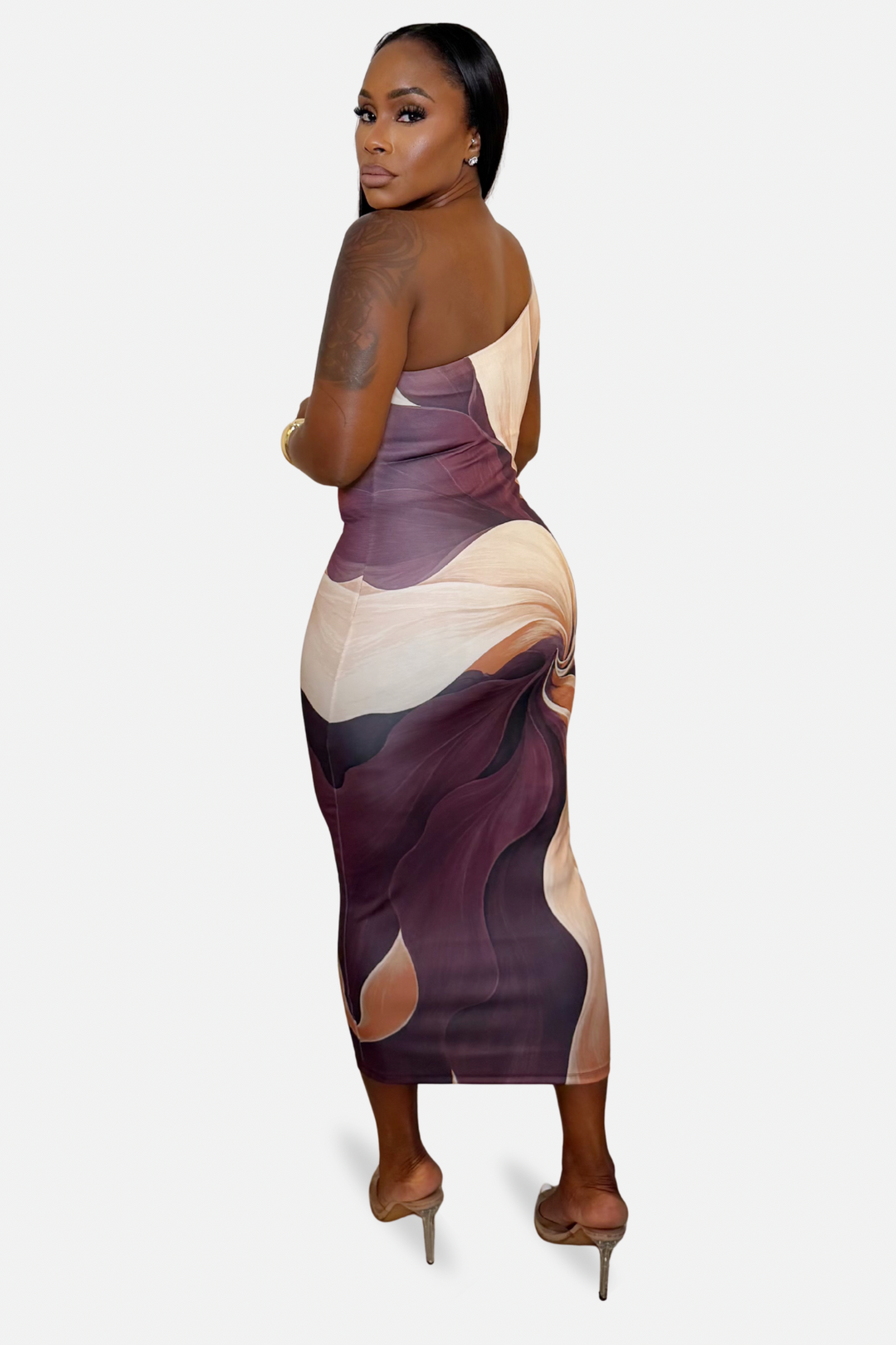 The Sienna Swirl One Shoulder Midi Dress [Multi]
