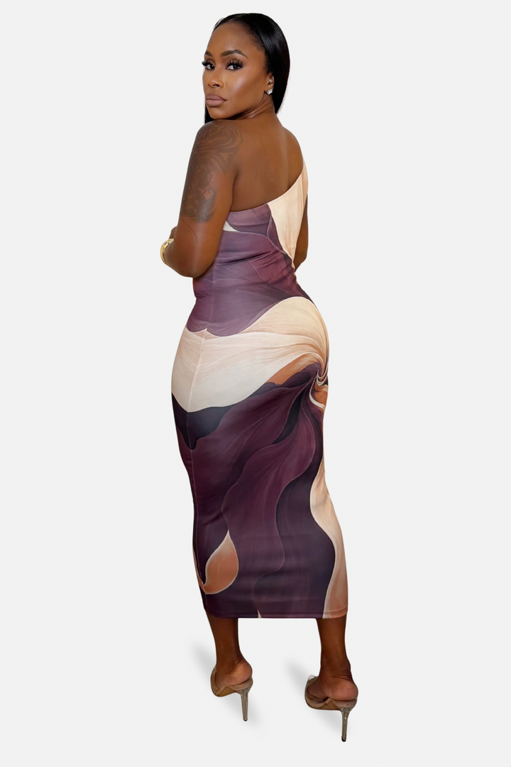 The Sienna Swirl One Shoulder Midi Dress [Multi]