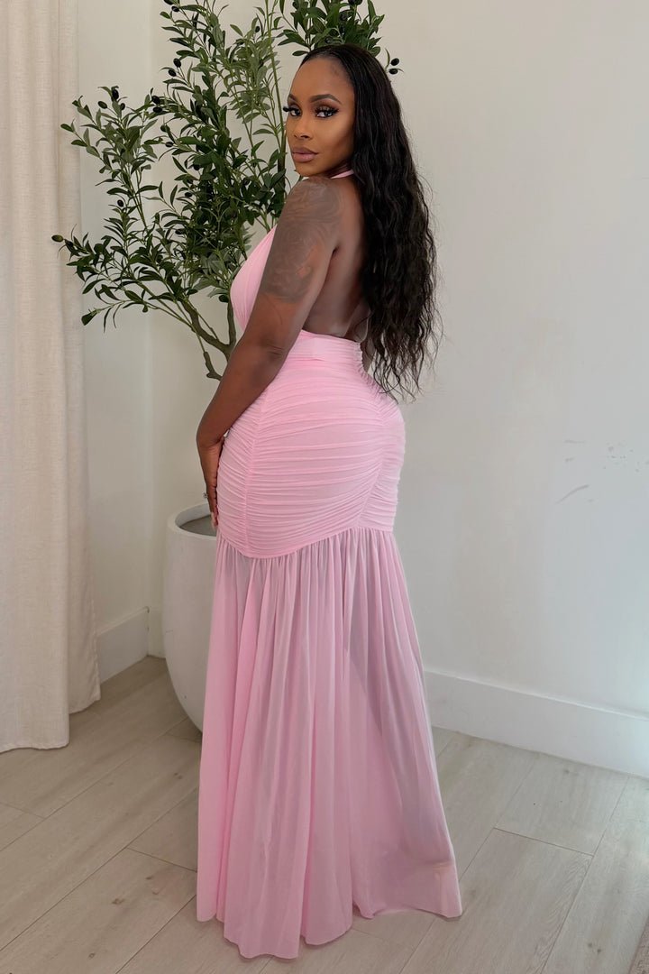 Lucia Chiffon Ruched Maxi Dress [Pink]