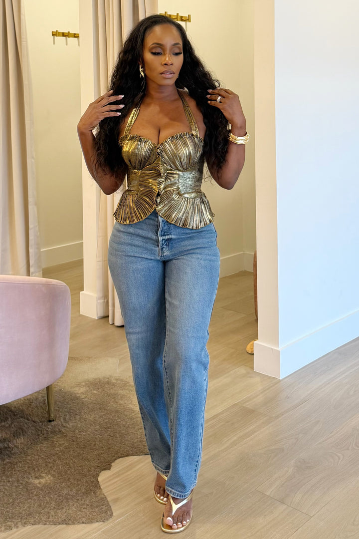 Cool & Chic Ruffle Halter Top (Gold)