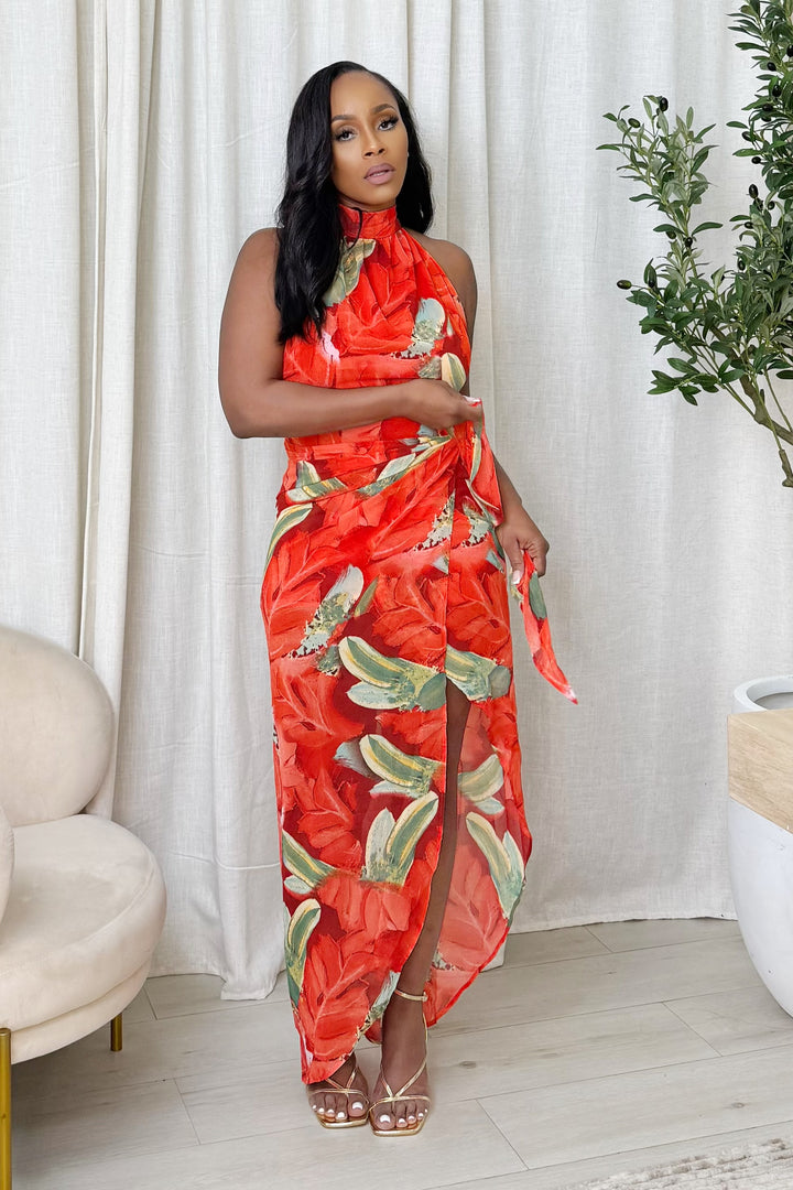 Santina Wrap Midi Dress With Slit (Red)