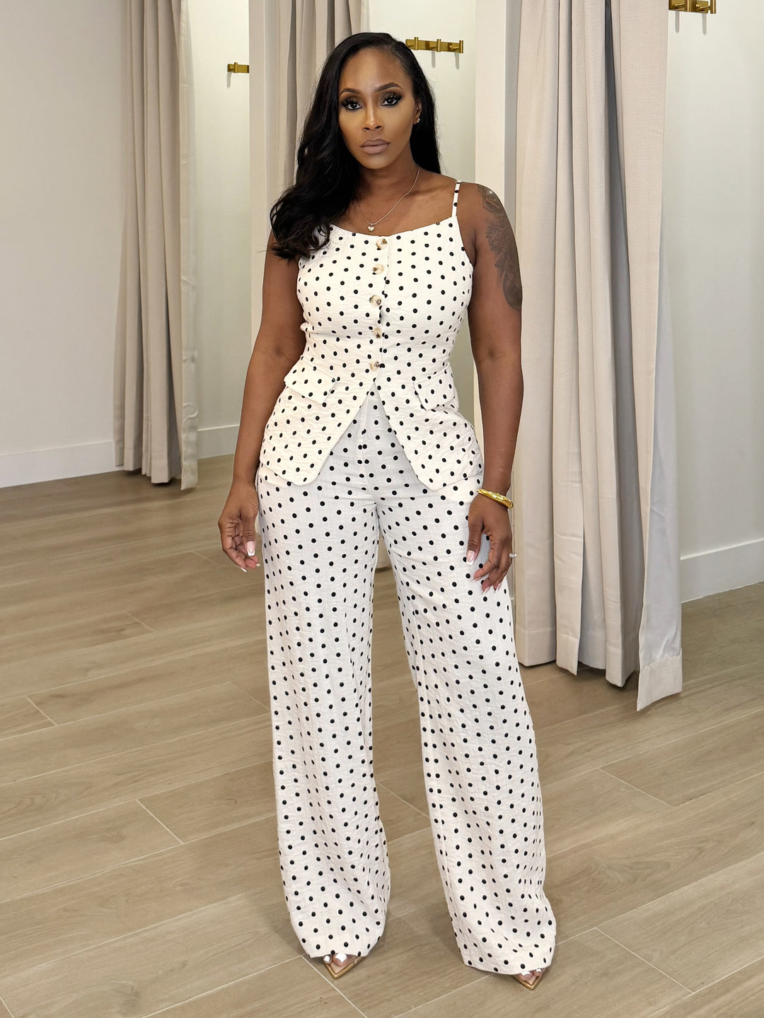 Dress with  Class Polkadot pant Set (Black & Ivory)