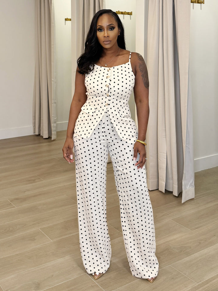 Dress with  Class Polkadot pant Set (Black & Ivory)