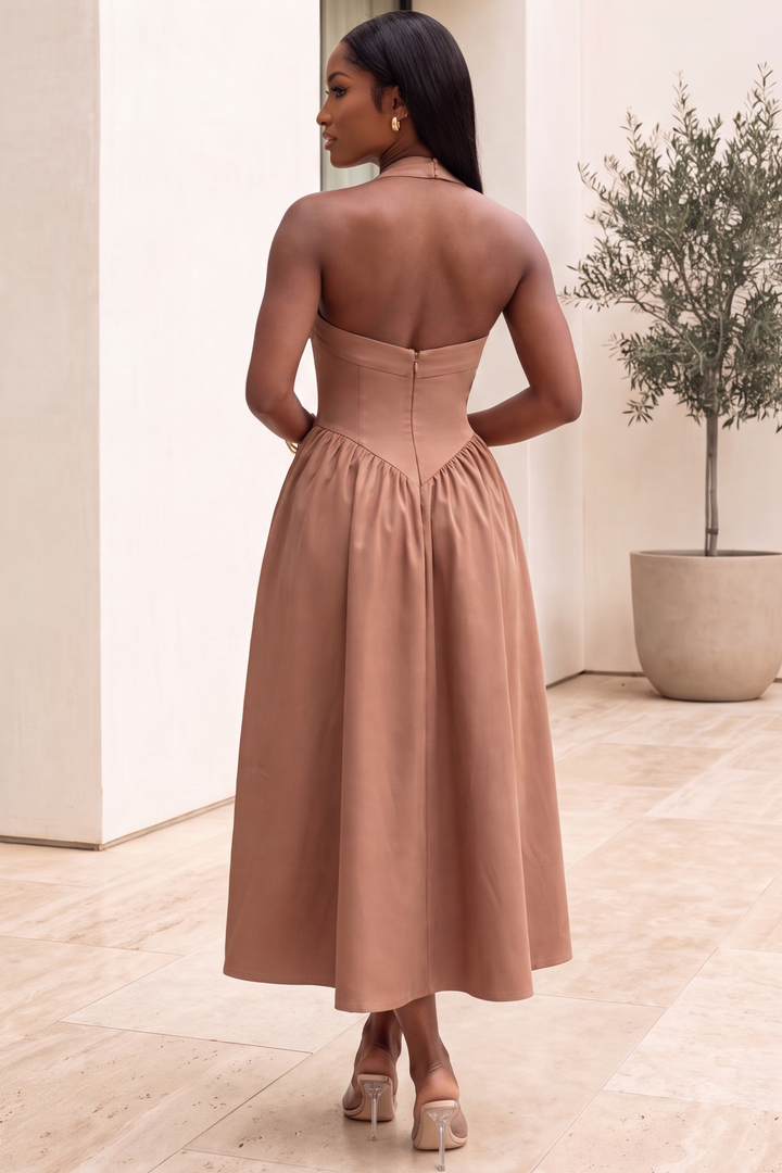 Florence Basque Halter Midi Dress[Chestnut]