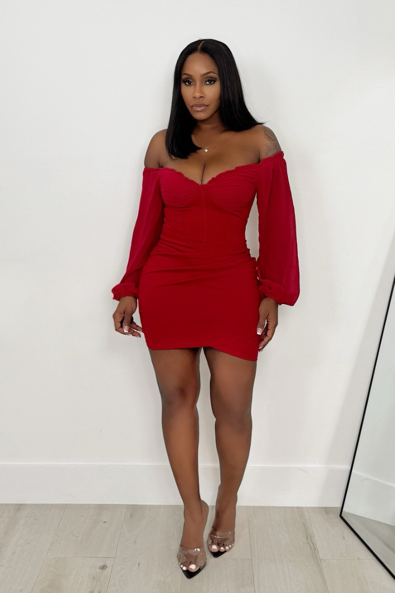 Little Miss Red Off the Shoulder Mini Dress (Red)