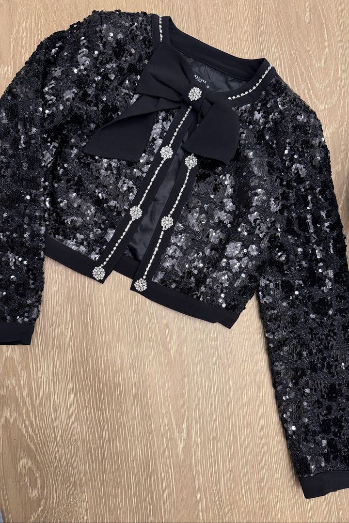 Sequin Tweed Bow Trim Crop Jacket