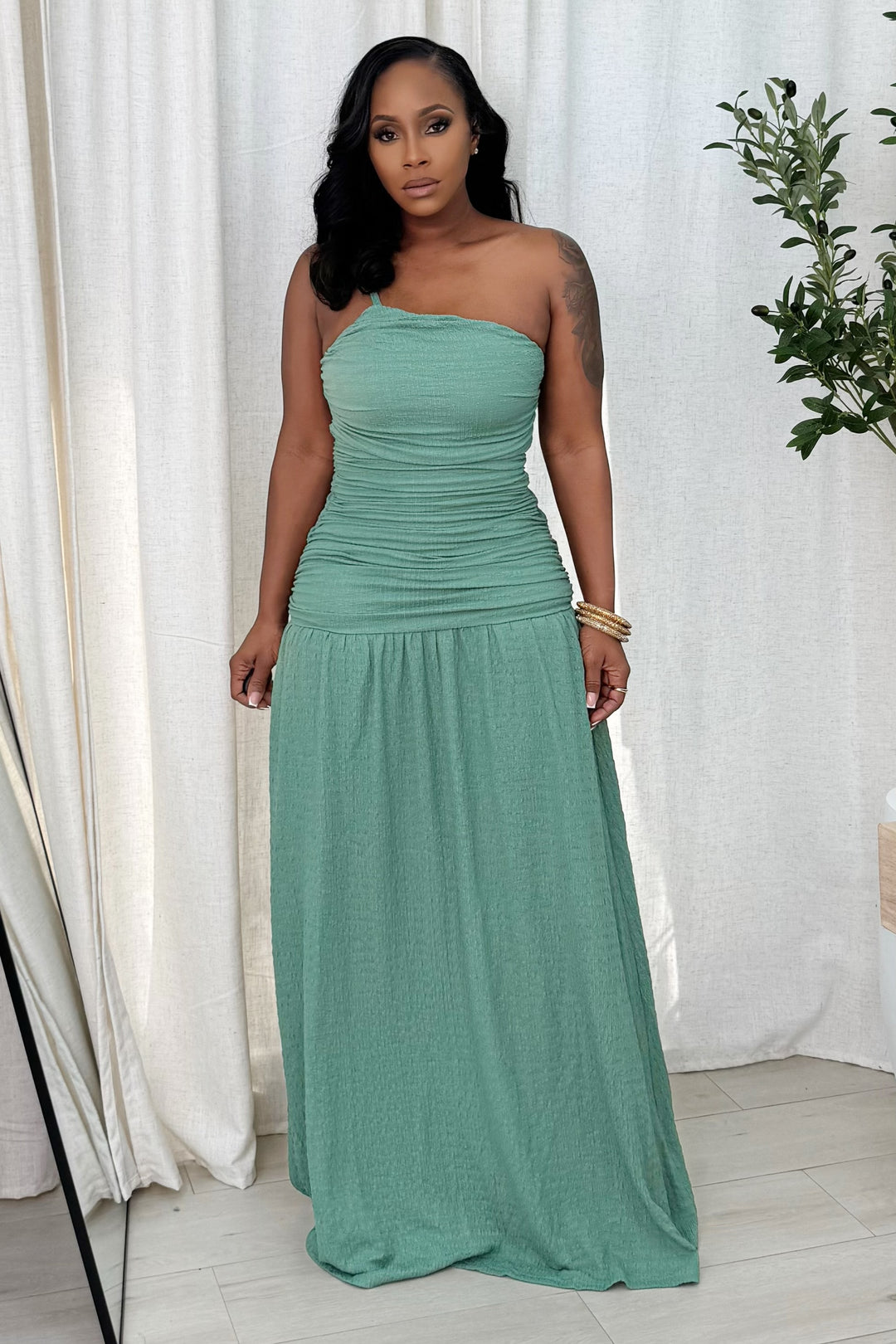 Forever Stunning Ruched One strap Maxi (Jade)