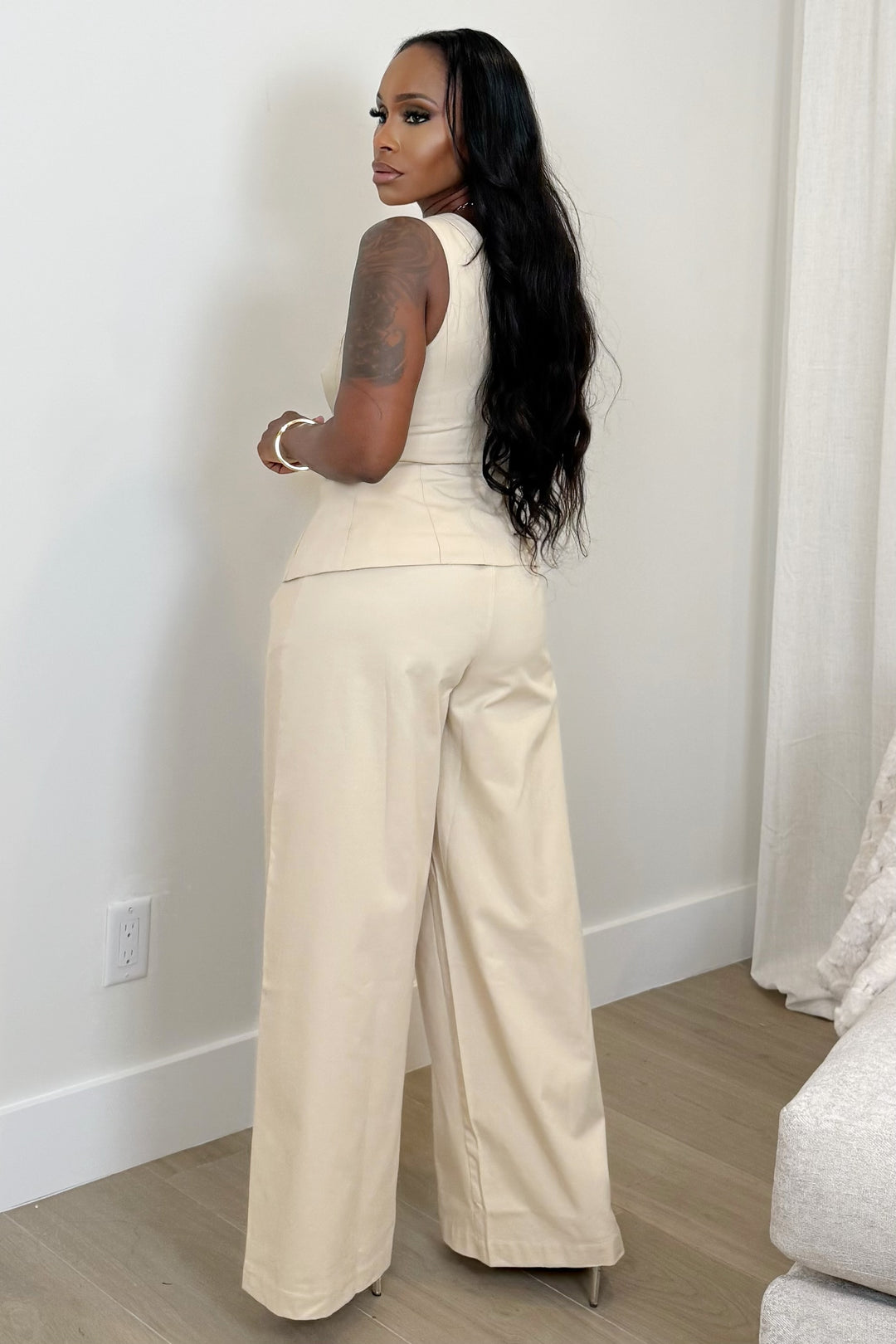 Cream Power Pant & vest Set (Nude)