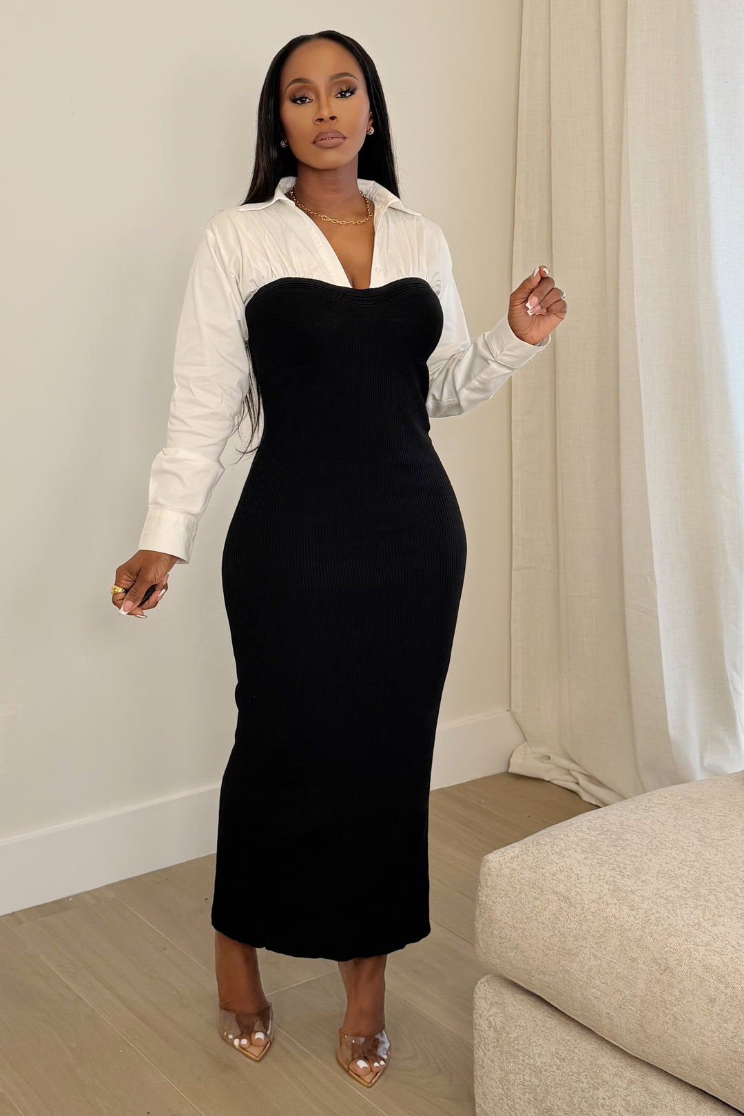 Modern Muse Shirt-Detail Midi Dress [Black/White]