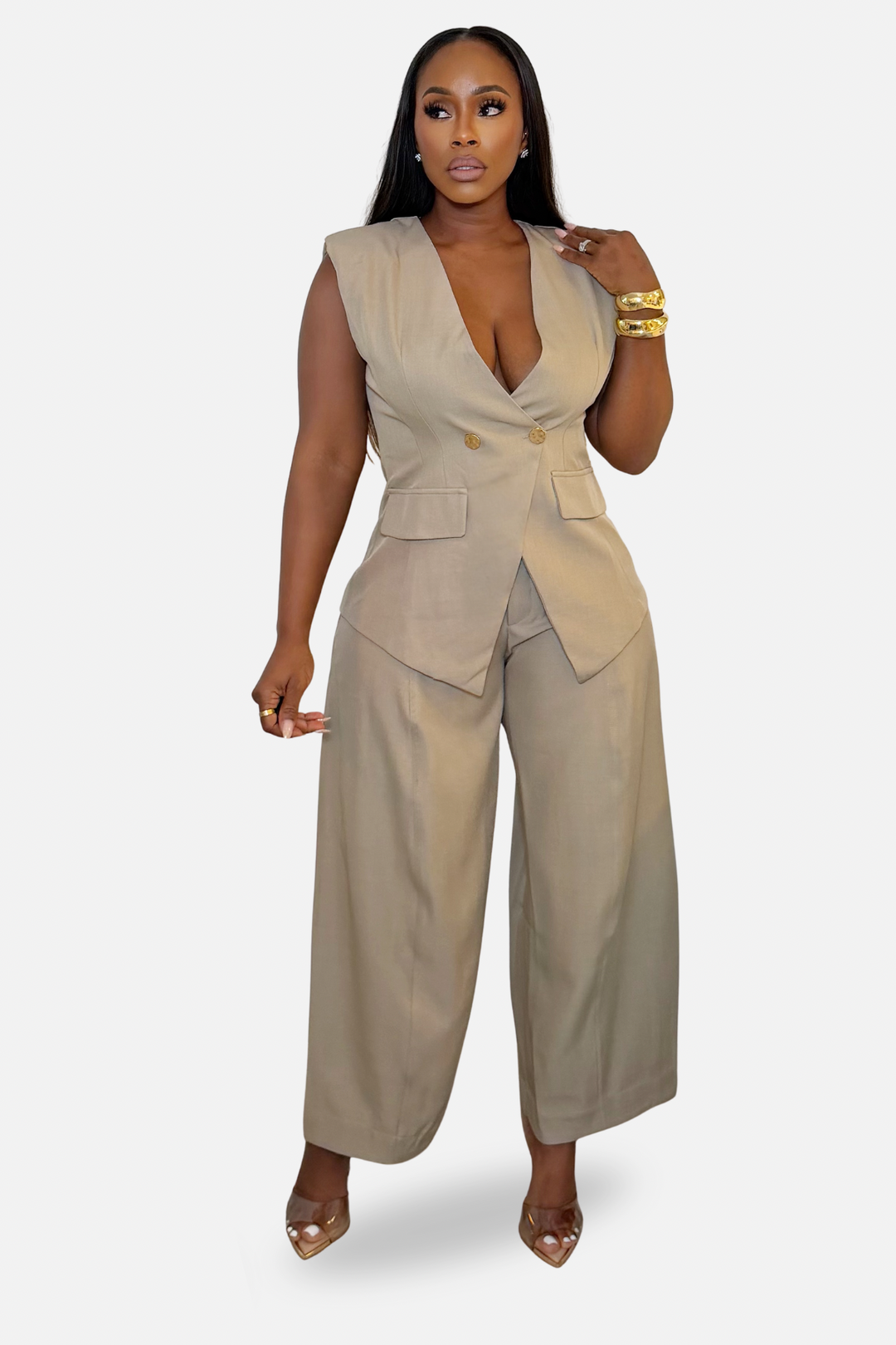 The Monroe Vest &amp; Wide Leg Pants Set [Taupe]