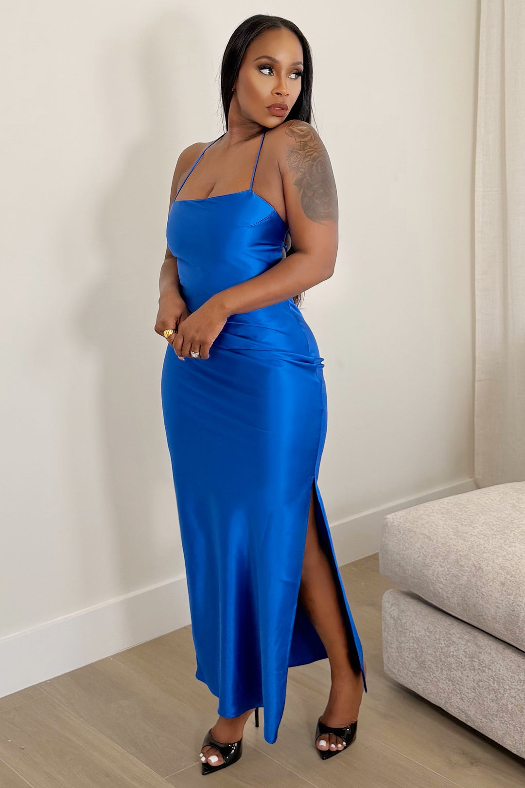 anyone but you blue satin dress Nobody But You Satin Maxi Dress Blue Size XL from Hello Molly