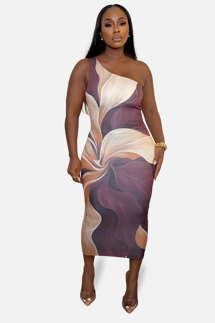 The Sienna Swirl One Shoulder Midi Dress [Multi]