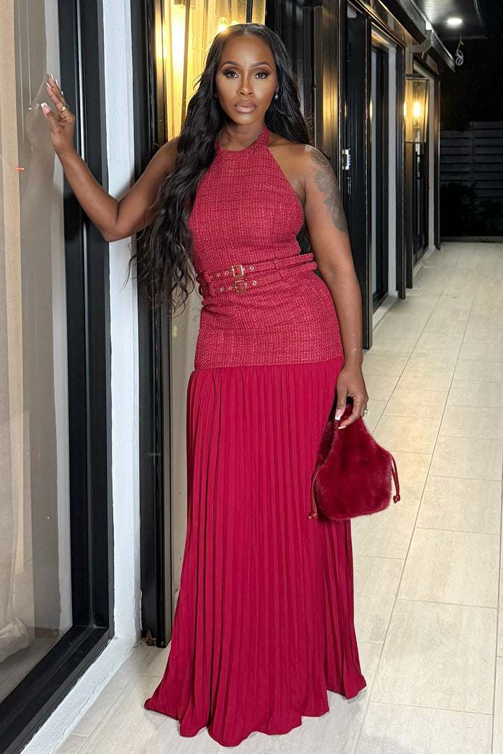 Halter tweed pleated Maci Dress (Burgundy)