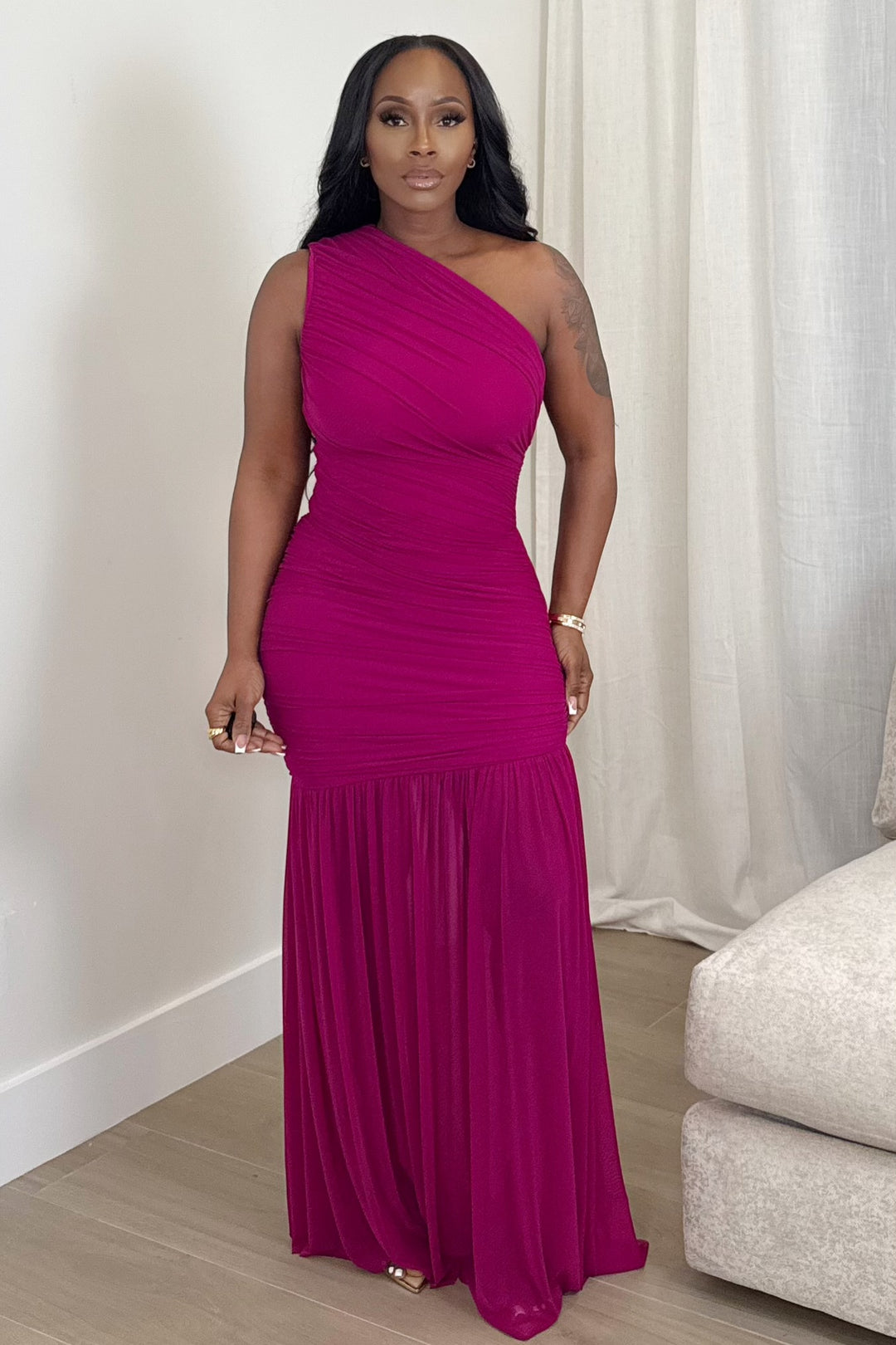 One-Shoulder Ruched Gown (Hot Pink)