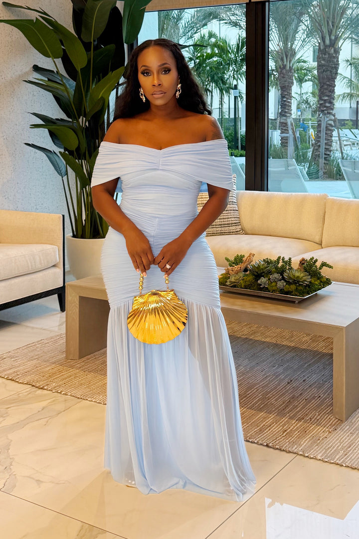 Mesh Off the shoulder Maxi dress (Baby Blue)