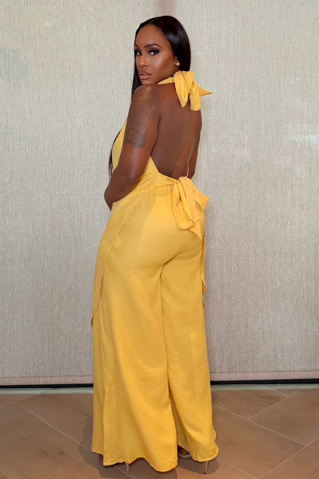 The Riviera Cowl Halter Wide Leg Set [Yellow]