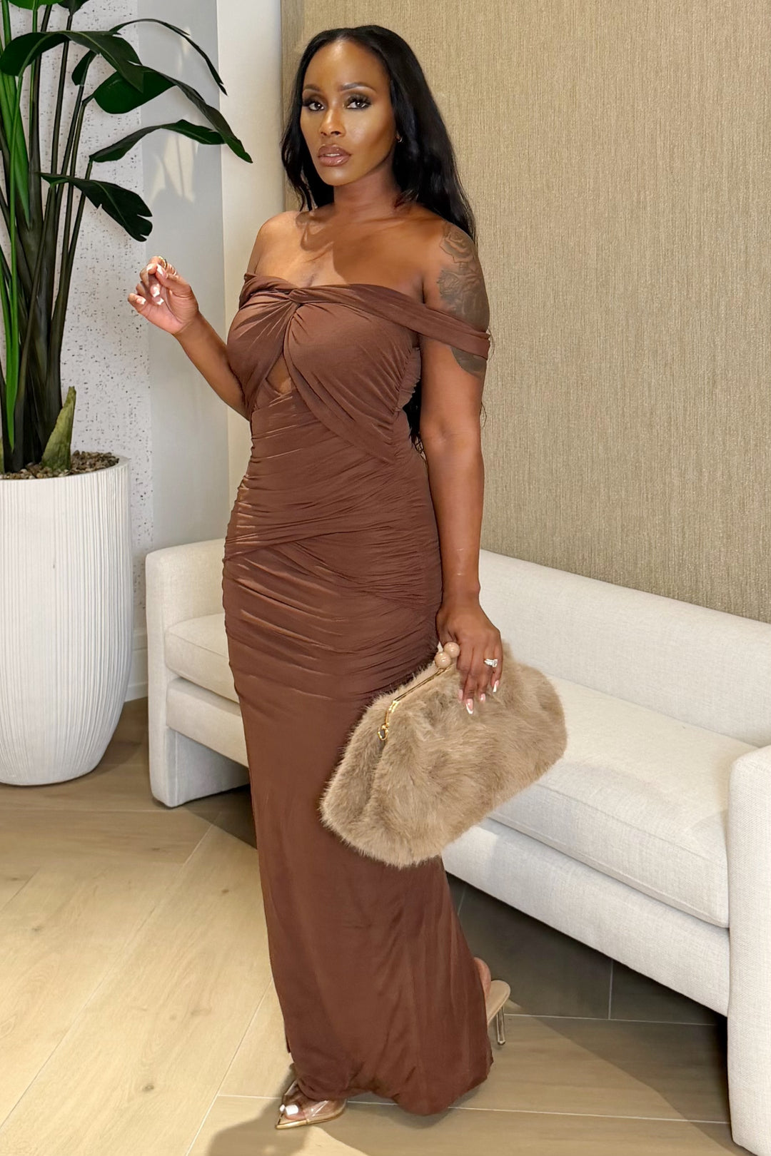 Mocha Luxe Twist Dress (Brown) – Polkadotz Boutique