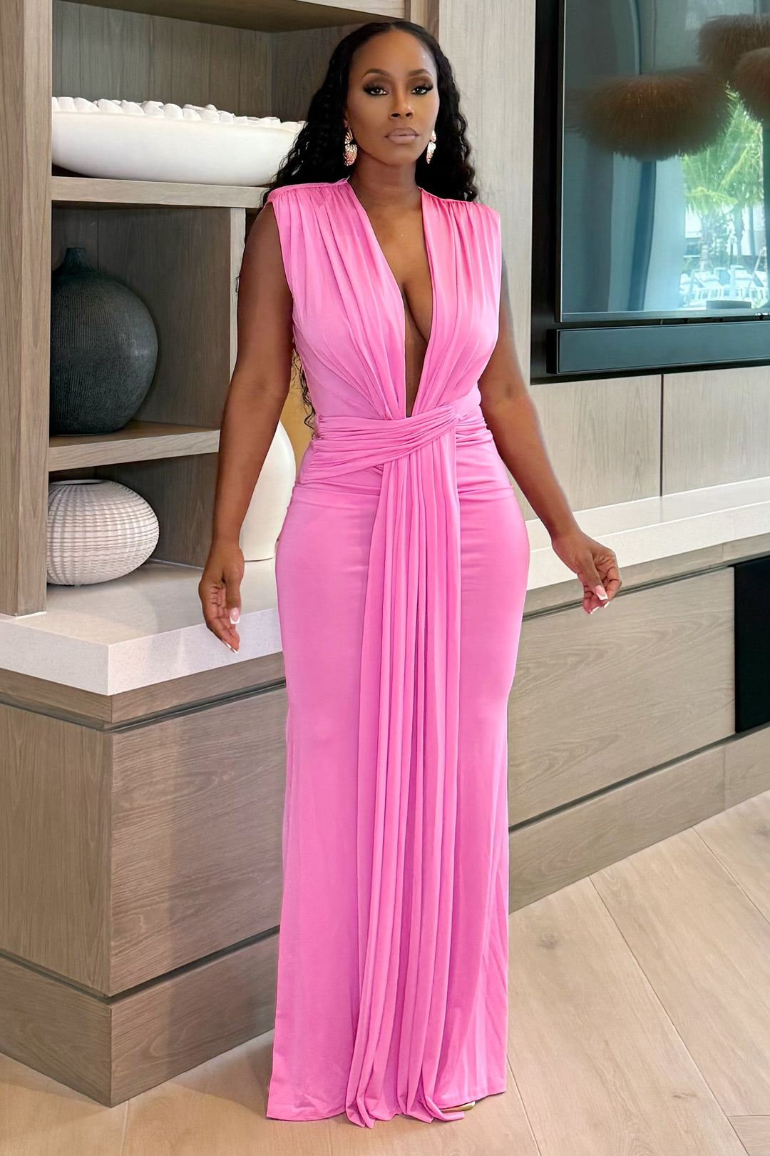 Padded Shoulders deep plunge maxi