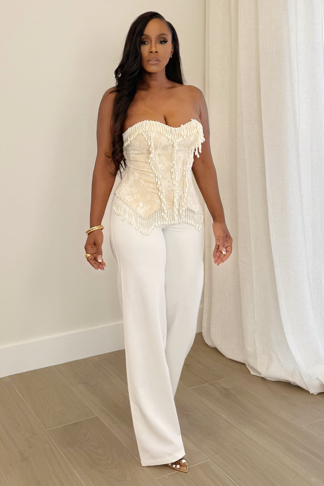 The Opulent Hour Corset & Pant Set (Ivory & White)