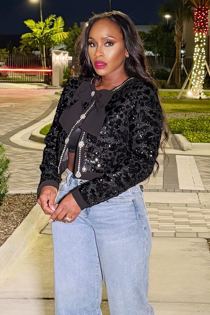 Sequin Tweed Bow Trim Crop Jacket