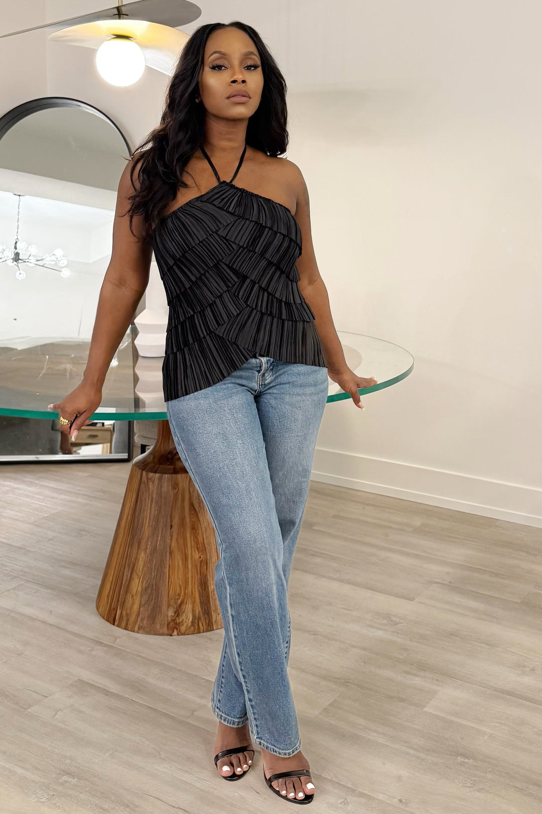 Pleated & Layered Halter Top (Black)