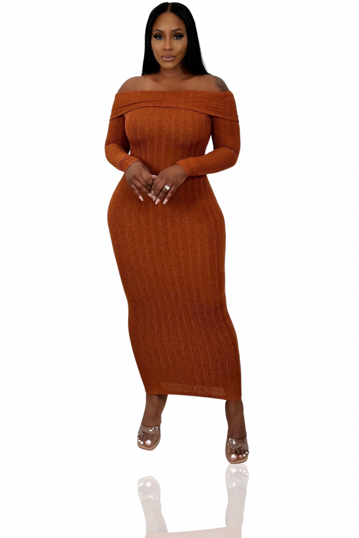 On My Own Terms Off The Shoulder Midi Dress (Rust)