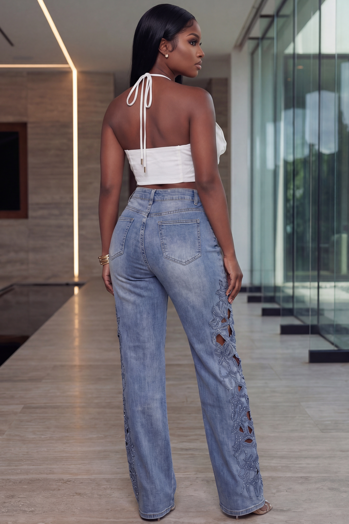 Bloom Detail Denim Jeans [Light Wash]