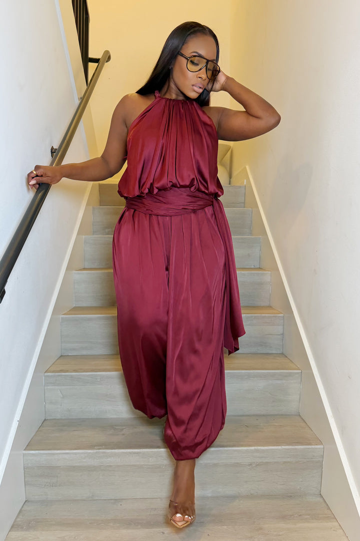 The Bordeaux Satin Halter Pants Set [Wine]