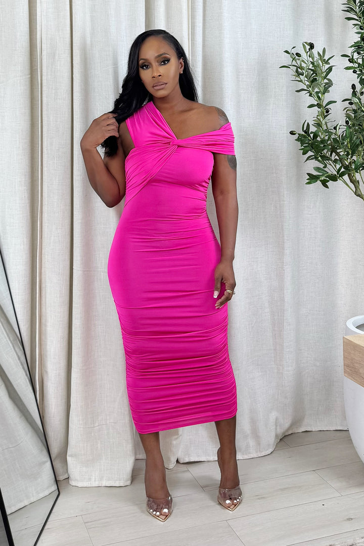 Fit so right off the shoulder midi dress (hot pink )